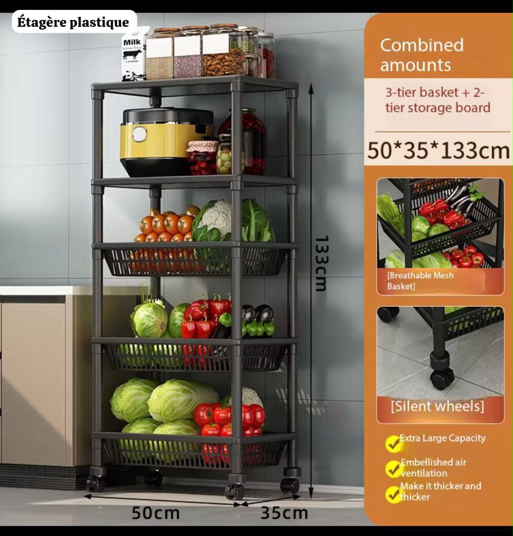 Étagère de Rangement Multifonction à 5 Niveaux avec 3 Paniers – Sur Roulettes – 50 × 35 × 133 cm