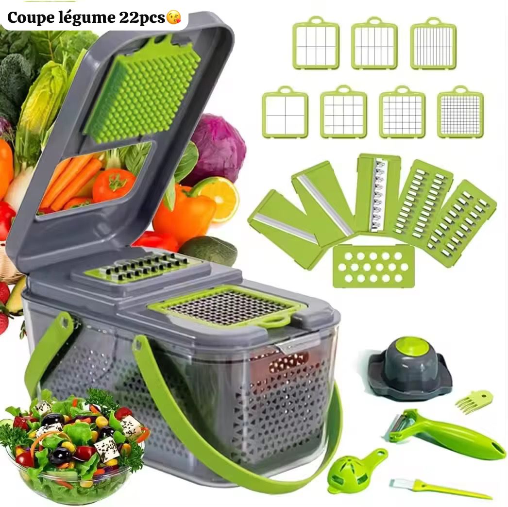 Coupe-Légumes Multifonction 22 Pièces – Tranchez, Râpez et Coupez Facilement !