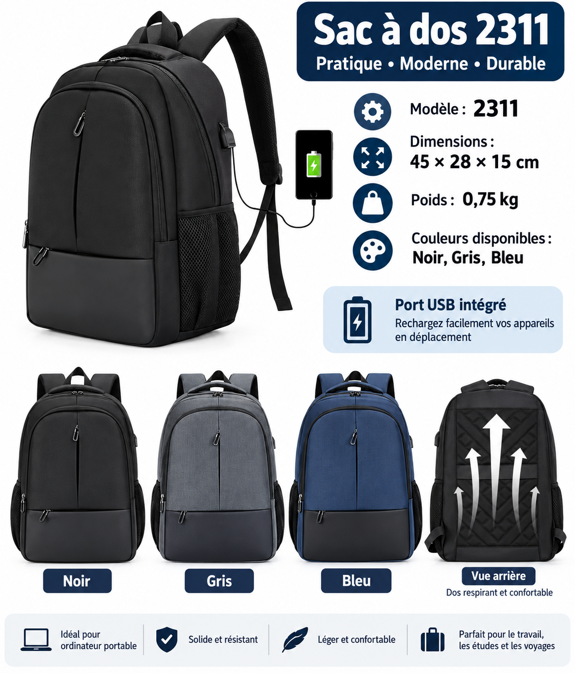 Sac à Dos 2311 avec Port USB – Grand Format, Pratique et Résistant