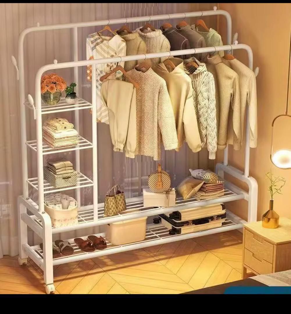Penderie Métal Renforcé 65kg – Double Barre + Étagère de Rangement sur Roulettes