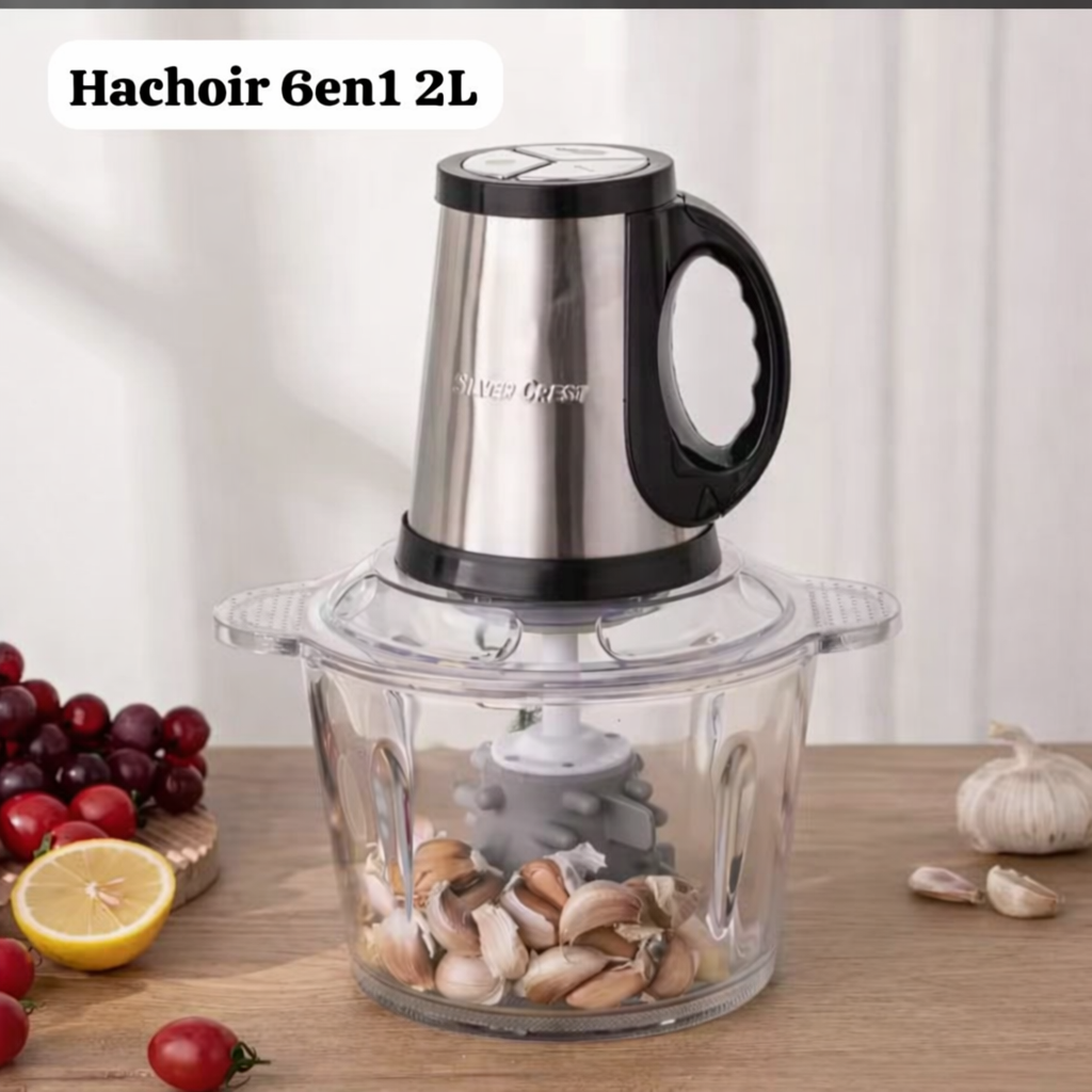 Hachoir Électrique 6 en 1 – 2 Litres Acier Inoxydable et Bol en Verre
