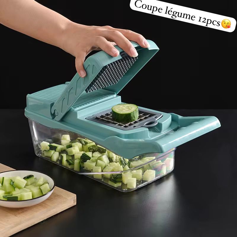 Coupe-Légumes Multifonction 12 en 1 avec Bac de Récupération – Râpe, Trancheuse et Coupe-Frites