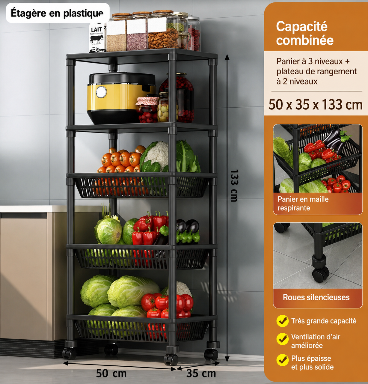 Étagère de Rangement Multifonction à 5 Niveaux avec 3 Paniers – Sur Roulettes – 50 × 35 × 133 cm