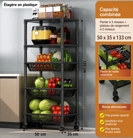 Étagère de Rangement Multifonction à 5 Niveaux avec 3 Paniers – Sur Roulettes – 50 × 35 × 133 cm