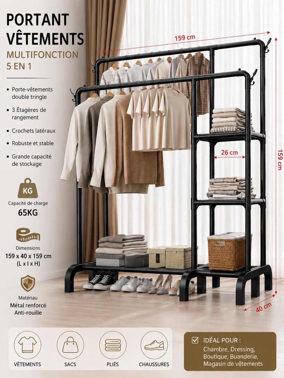 Penderie Multifonction 65kg 5 en 1 – Double Tringle & 3 Étagères de Rangement