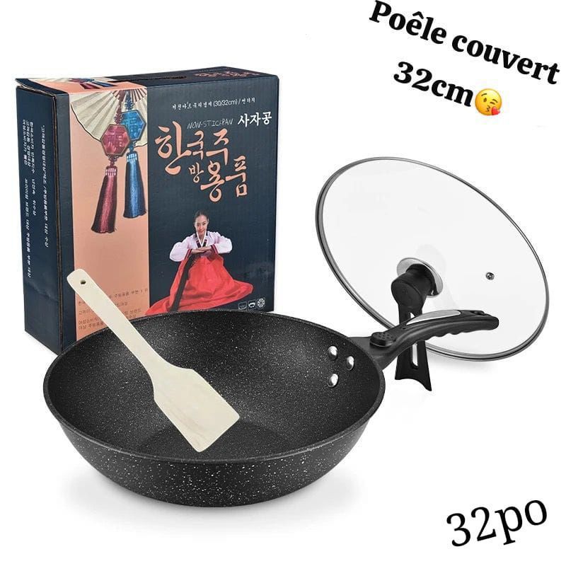Poêle Profonde Antiadhésive 32 cm avec Couvercle en Verre + Spatule