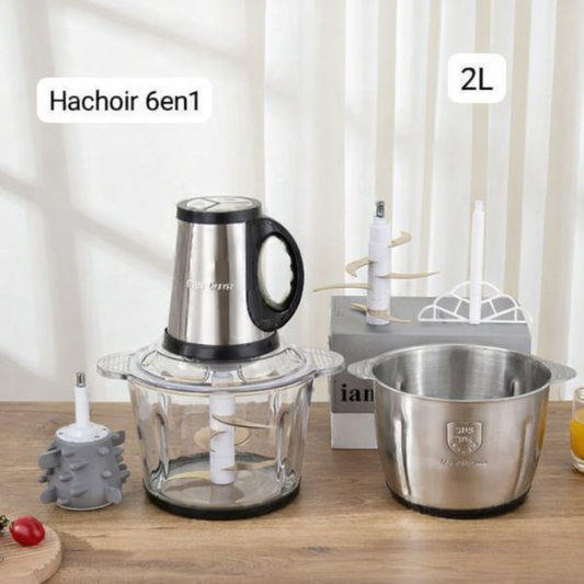 Hachoir Électrique 6 en 1 – 2 Litres Acier Inoxydable et Bol en Verre