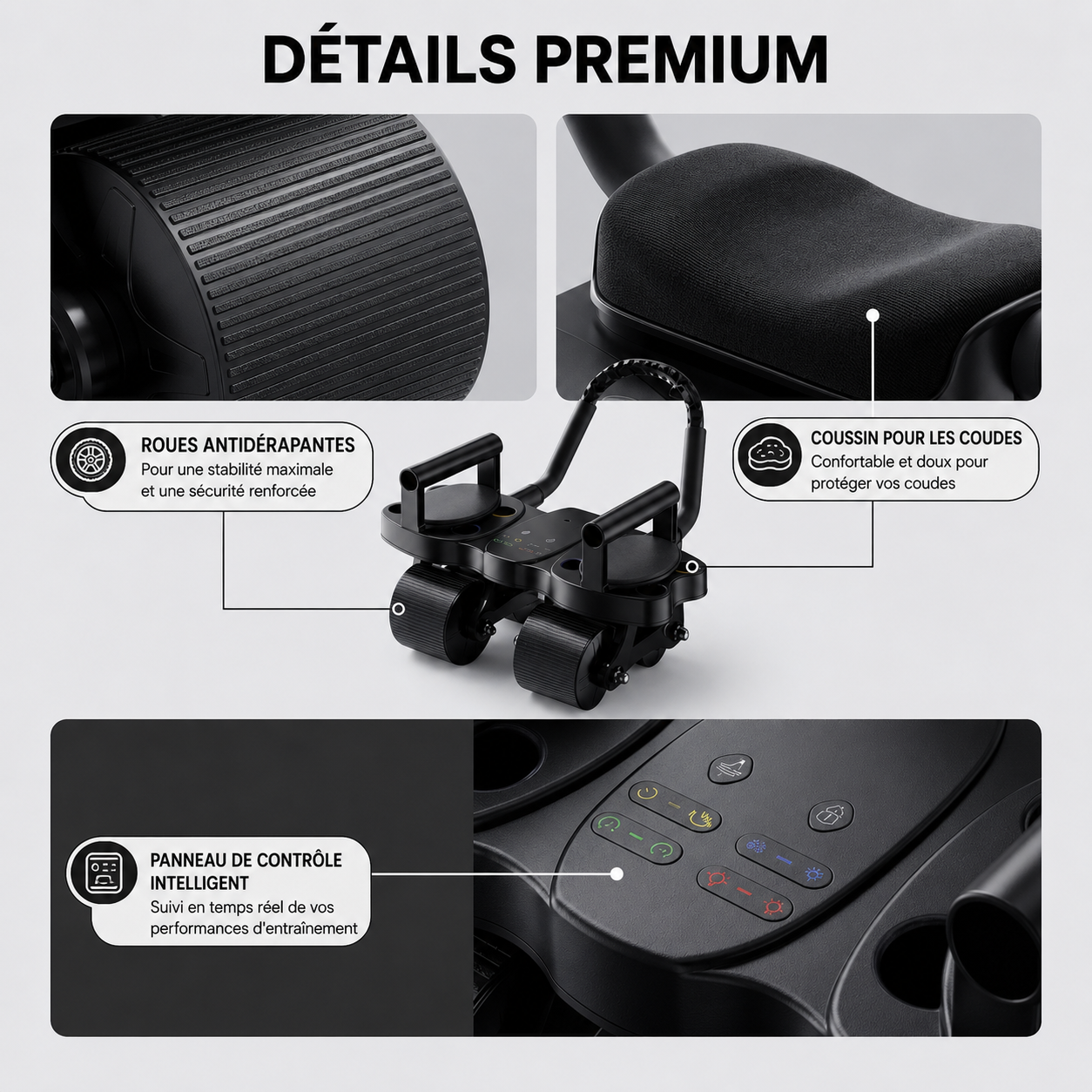 Roue Abdominale Multifonction 3-en-1 avec Support des Coudes – Roue Ab Wheel + Appuis Pompes + Renforcement Musculaire