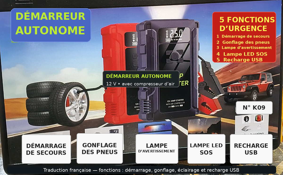 Démarreur de Batterie 12V Multifonction avec Compresseur d’Air – Booster Auto Portable
