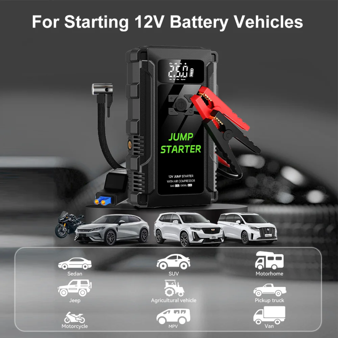Démarreur de Batterie 12V Multifonction avec Compresseur d’Air – Booster Auto Portable