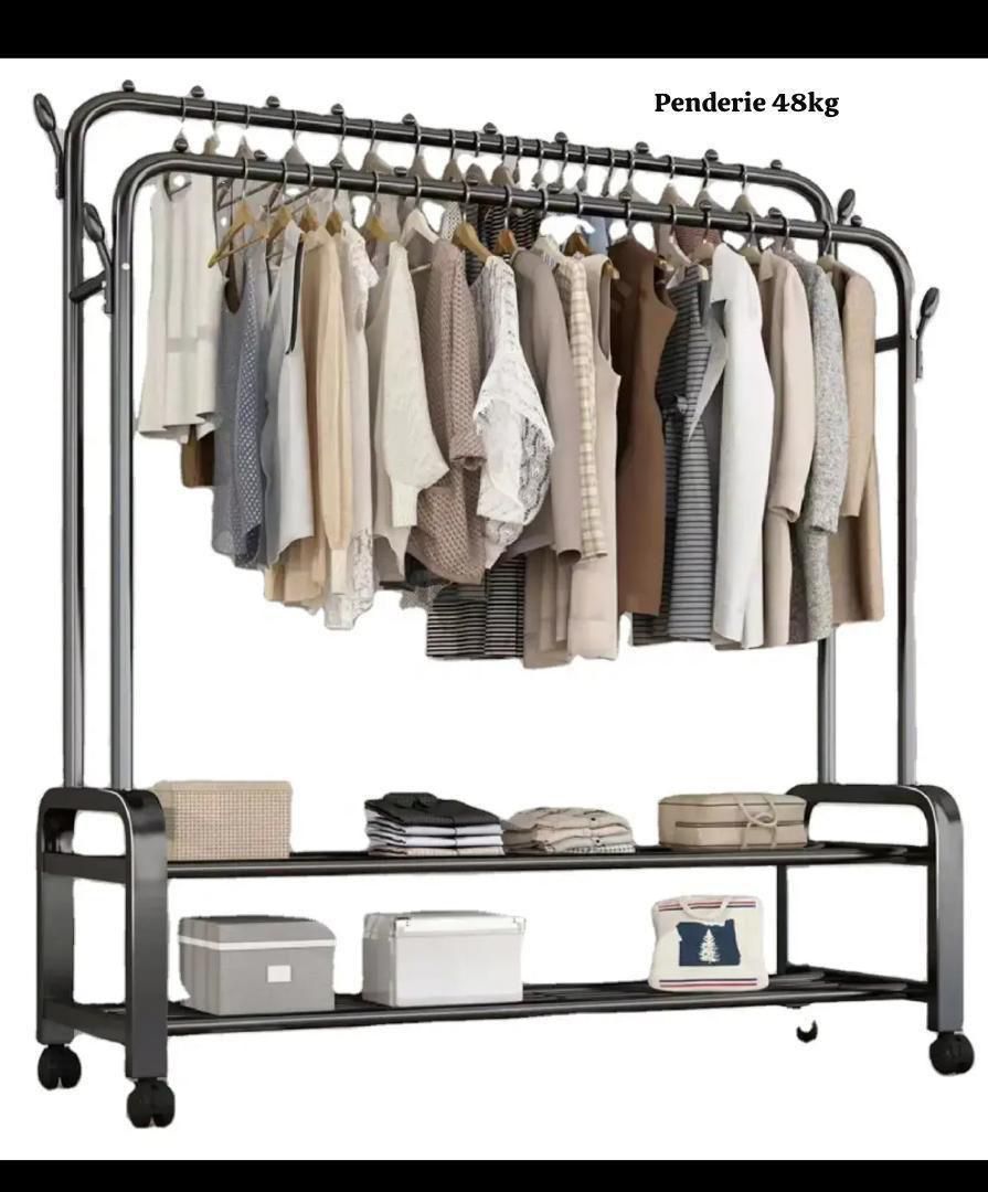 Penderie Métal Renforcé 65kg – Double Barre + Étagère de Rangement sur Roulettes