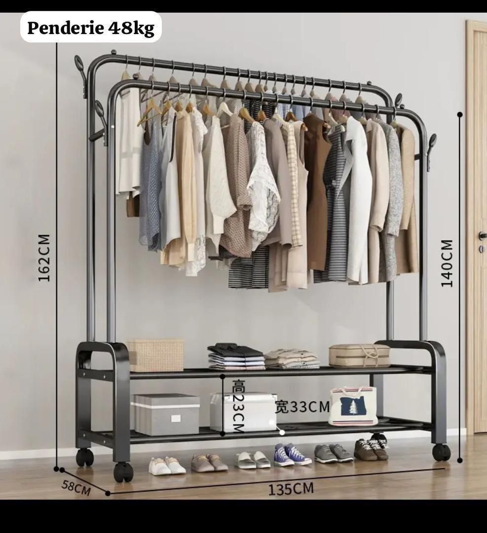 Penderie Métal Renforcé 65kg – Double Barre + Étagère de Rangement sur Roulettes