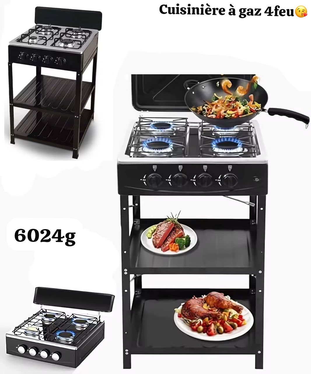 Cuisinière à Gaz 4 Feux avec Support de Rangement
