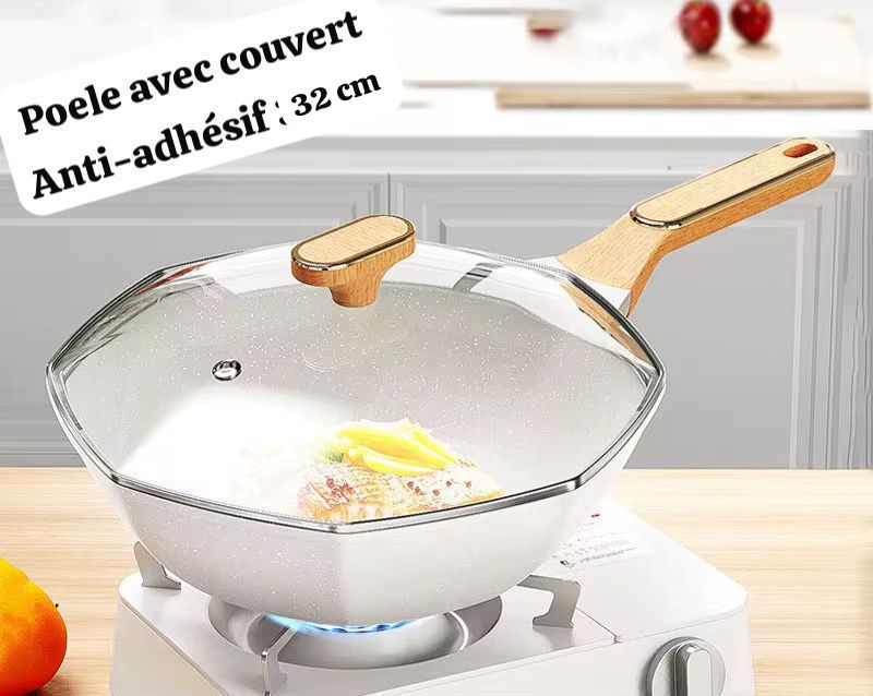 Poêle Profonde Antiadhésive 32 cm avec Couvercle en Verre + Spatule