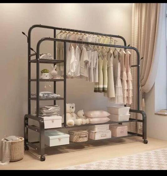Penderie Métal Renforcé 65kg – Double Barre + Étagère de Rangement sur Roulettes