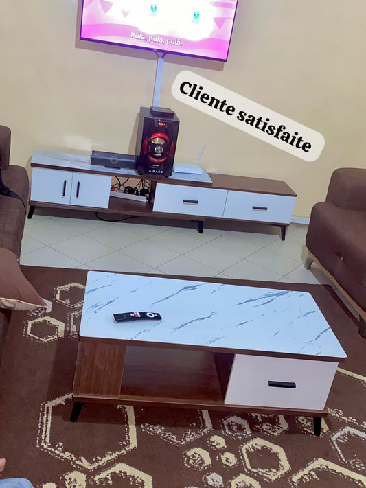 Ensemble Meuble TV & Table Basse Moderne Blanc Marbre et Bois