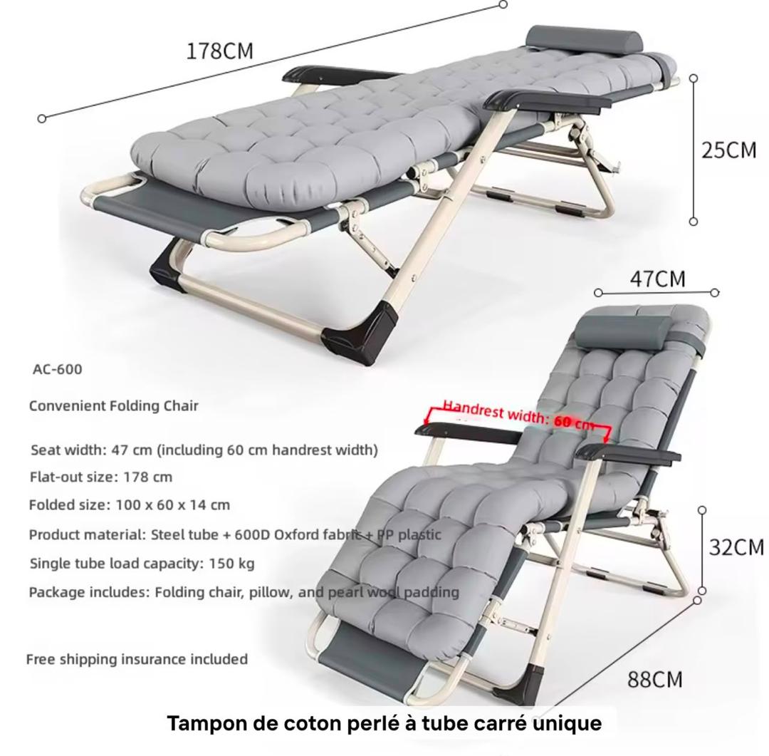 Fauteuil Relax Pliable Haut Confort – Dossier Réglable et Coussin Épais