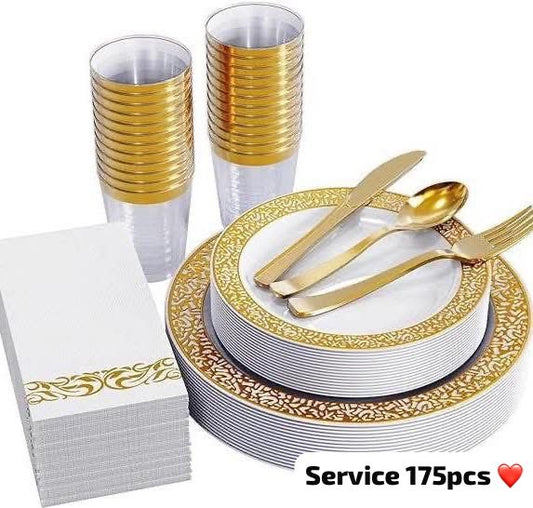 Service de Table Jetable 175 Pièces – Design Élégant Doré