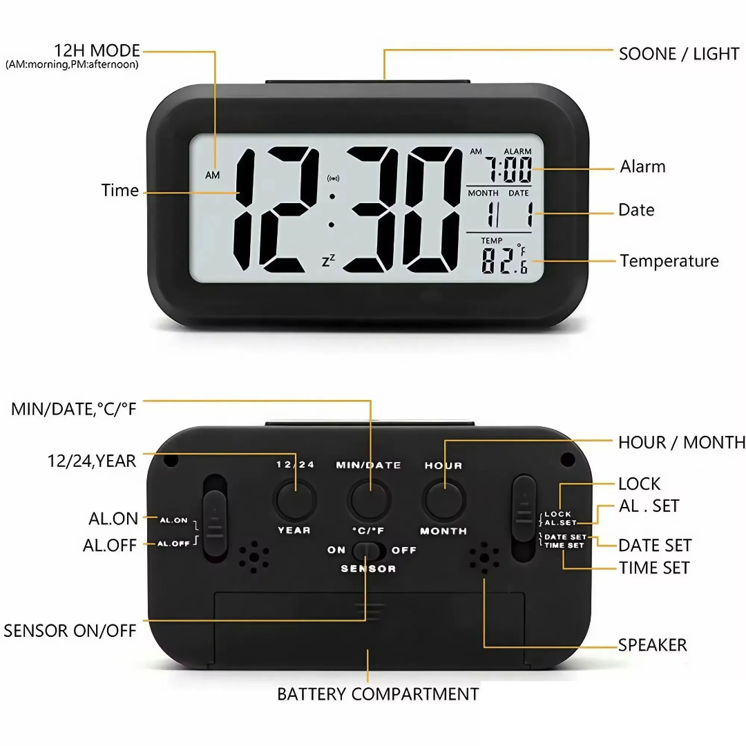 Réveil numérique LCD intelligente avec rétroéclairage – Affichage de l’heure, date, alarme et température
