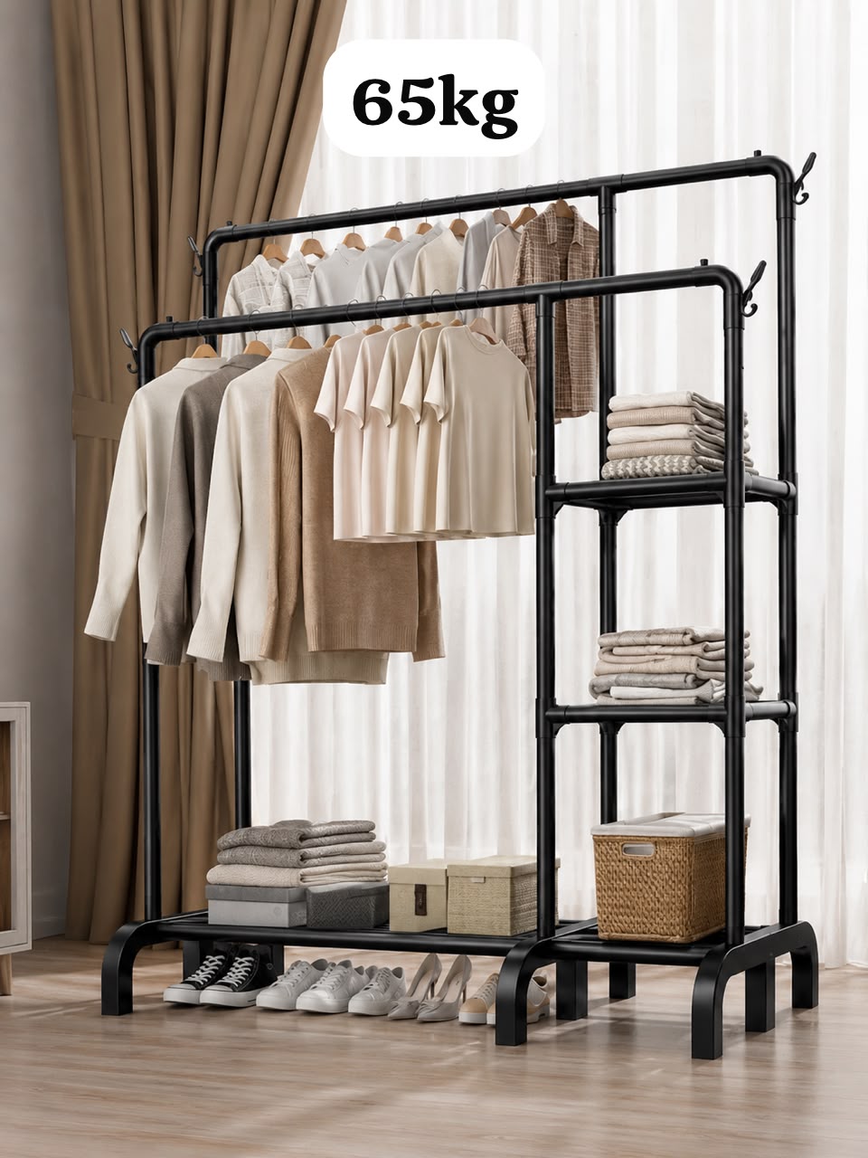 Penderie Multifonction 65kg 5 en 1 – Double Tringle & 3 Étagères de Rangement