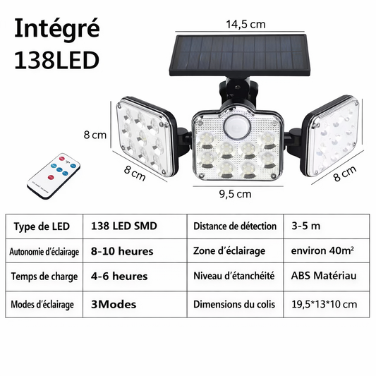 🔆 Projecteur Solaire LED Extérieur 3 Têtes avec Télécommande
