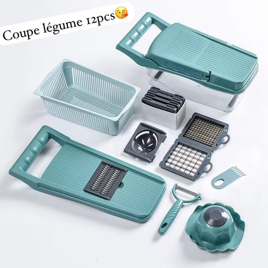 Coupe-Légumes Multifonction 12 en 1 avec Bac de Récupération – Râpe, Trancheuse et Coupe-Frites