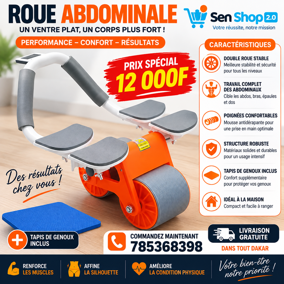 Roue Abdominale Multifonction avec Écran LCD et Support Téléphone