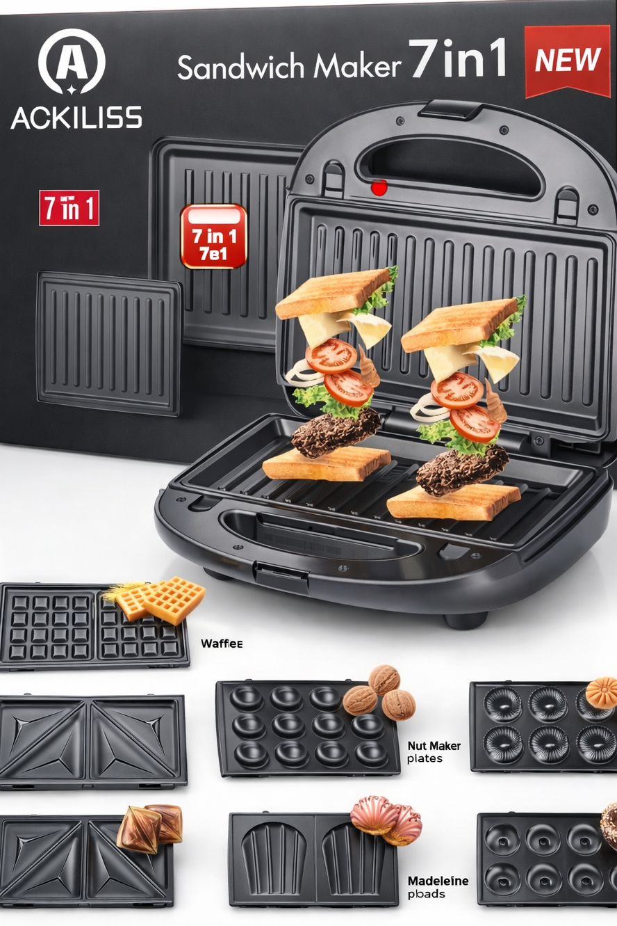 Sandwich Maker 7 en 1 Multifonction – Grill, Gaufres, Donuts & Plus