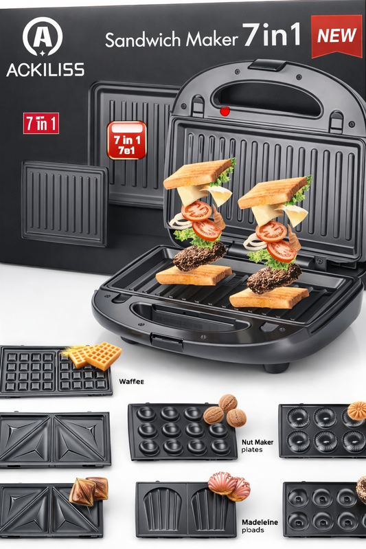 Sandwich Maker 7 en 1 Multifonction – Grill, Gaufres, Donuts & Plus
