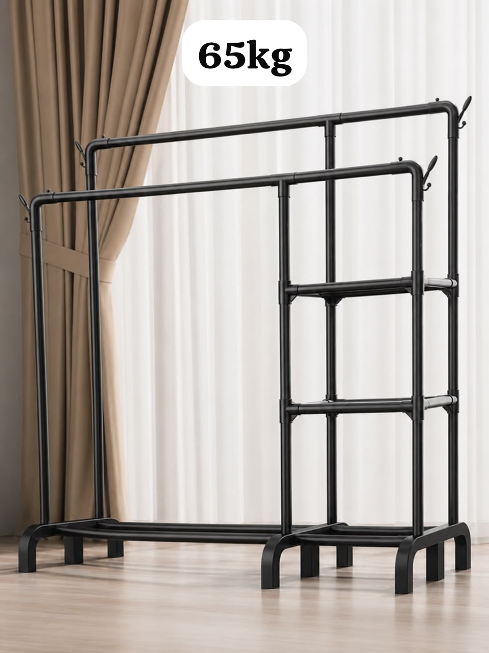 Penderie Multifonction 65kg 5 en 1 – Double Tringle & 3 Étagères de Rangement